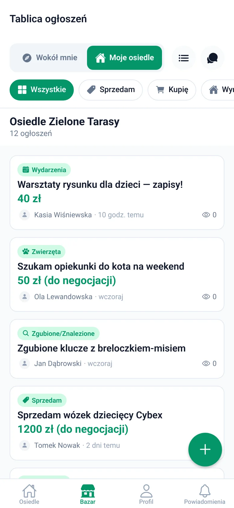 Tablica ogłoszeń osiedla: warsztaty, opieka nad kotem, zgubione klucze, sprzedaż