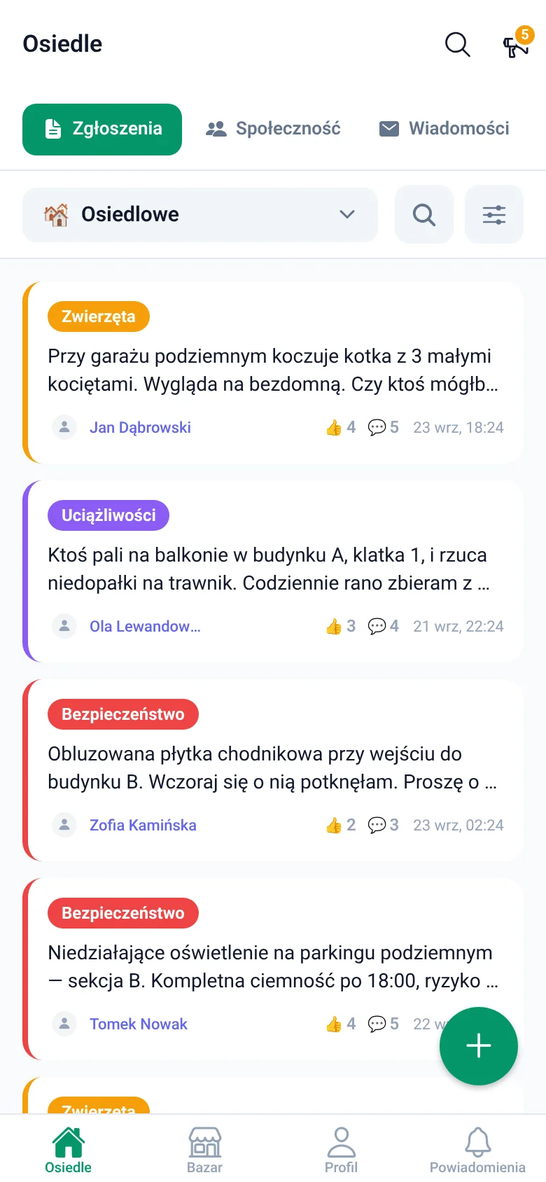Ekran Osiedle w aplikacji: zgłoszenia sąsiadów z kategoriami, reakcjami i komentarzami