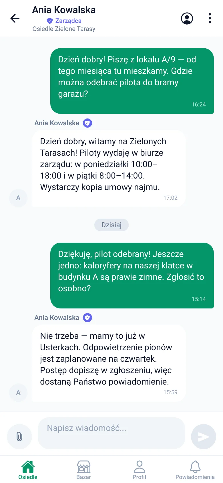 Rozmowa mieszkańca z zarządczynią osiedla o pilocie do garażu i kaloryferach