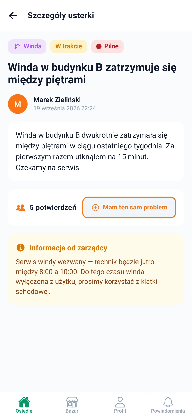 Usterka windy ze statusem W trakcie, priorytetem Pilne i informacją od zarządcy